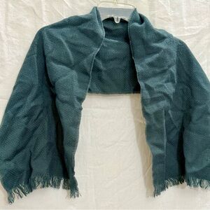 Vintage 80s Teal Knit 100% Turbo Acrylic Shawl Wrap Bolero Fringe OS Cottagecore